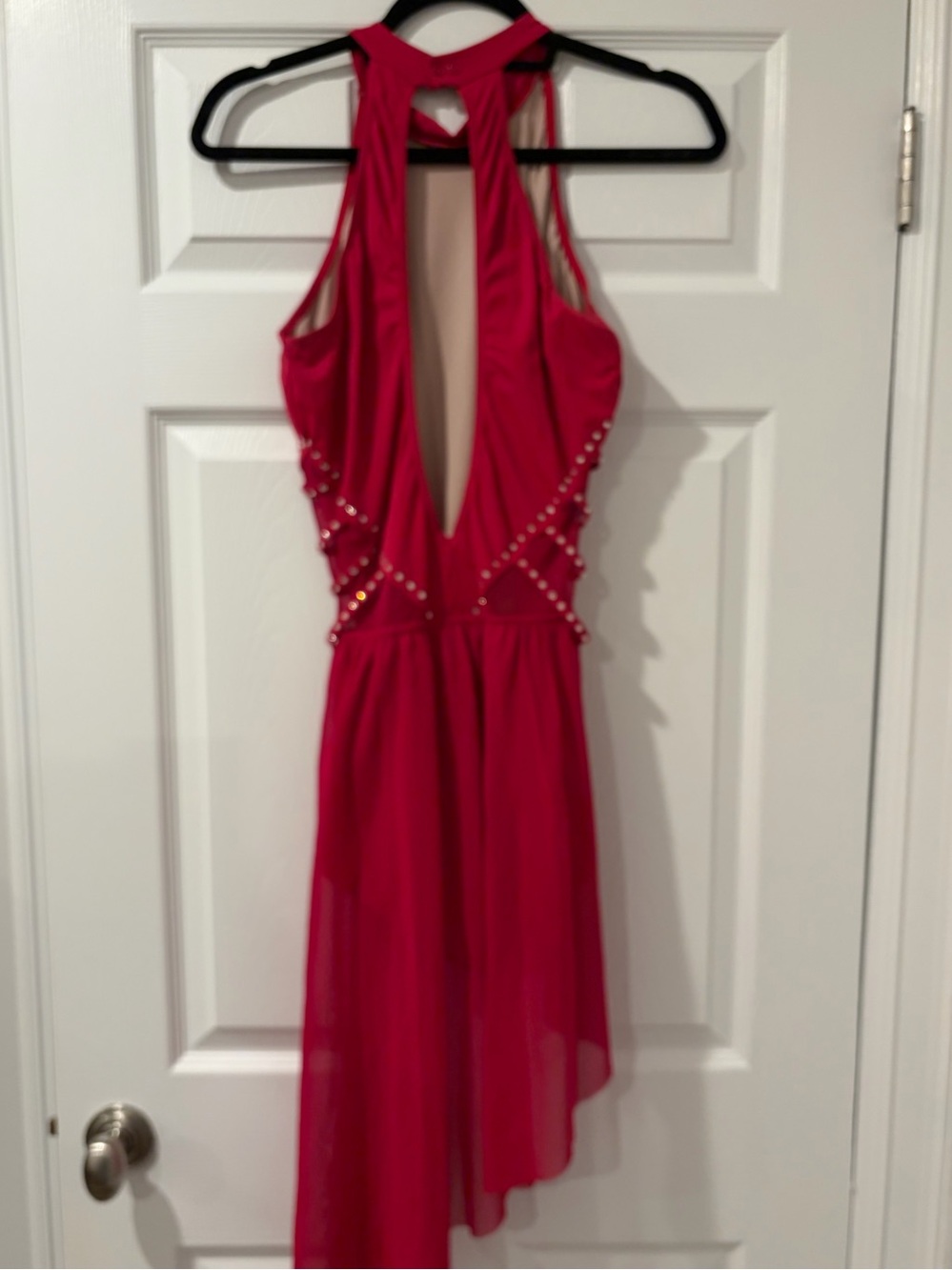 Weissman Ivy Sky Red Sleeveless Halter Asymmetric Dress with Crystals - Picture 2 of 7